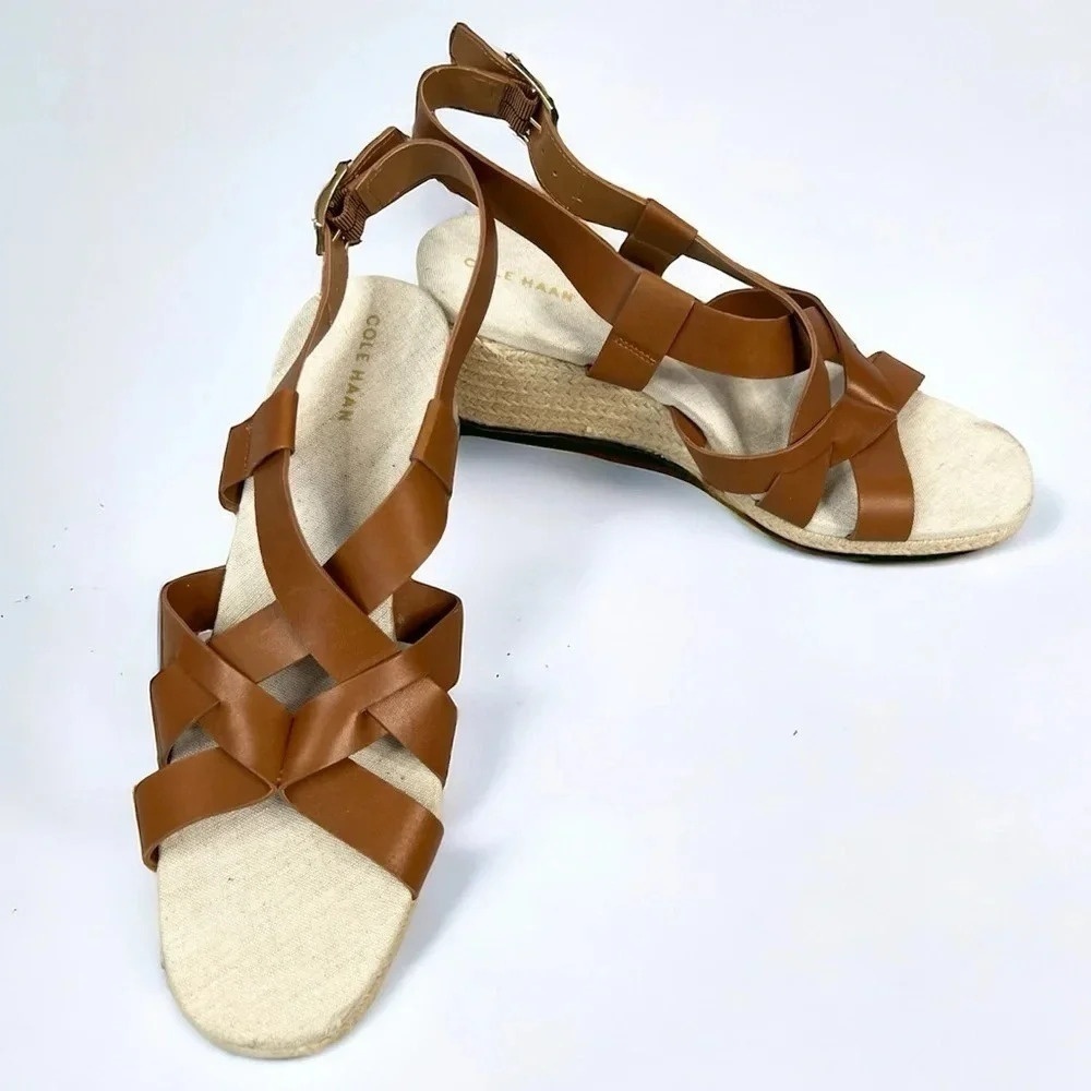 Cole Haan Crystal Espadrille Wedge Sandal Brown Leather NEW Size 8